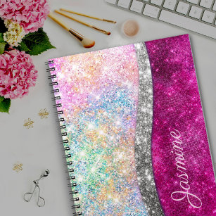 Cute iridescent pink silver faux glitter monogram notebook