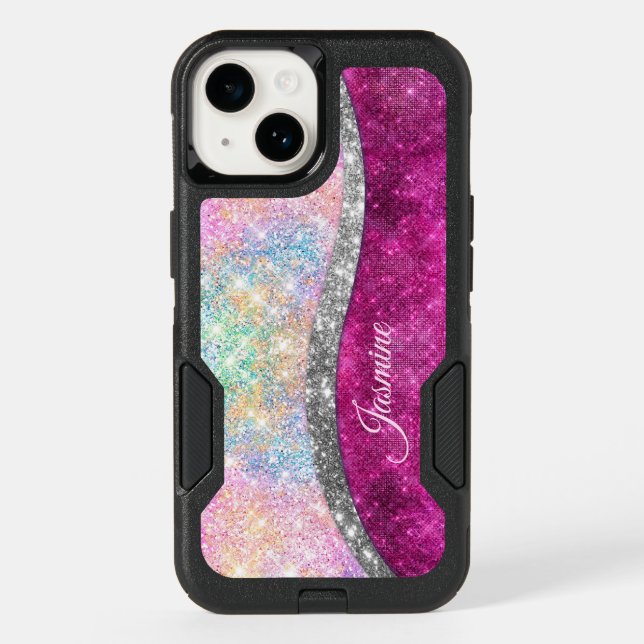 Cute iridescent pink silver faux glitter monogram otterbox iPhone case (Back)