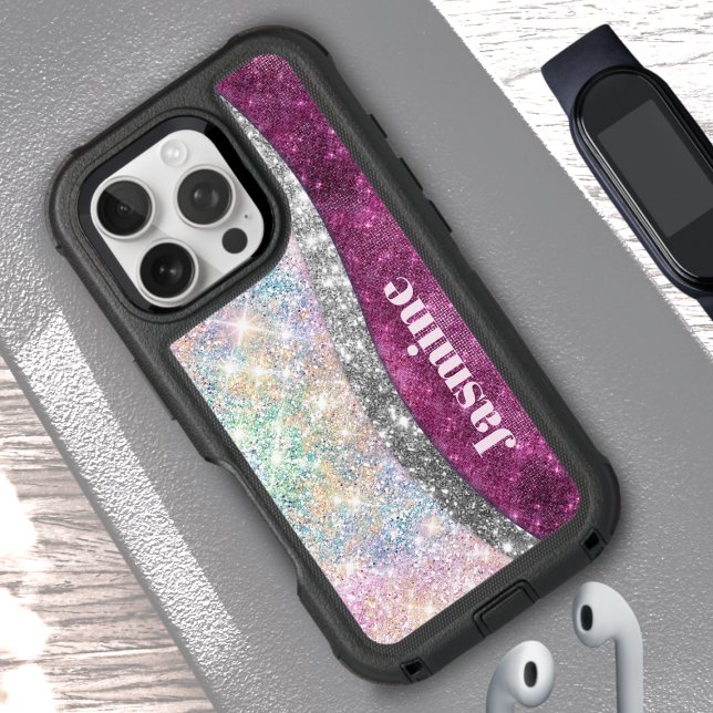 Cute iridescent pink silver faux glitter monogram otterbox iPhone case (Creator Uploaded)