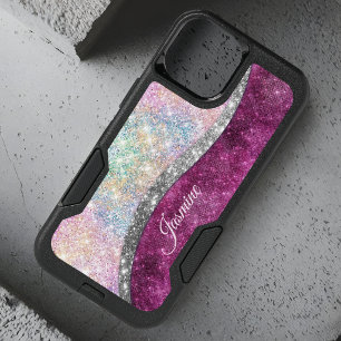 Cute iridescent pink silver faux glitter monogram OtterBox iPhone 14 case