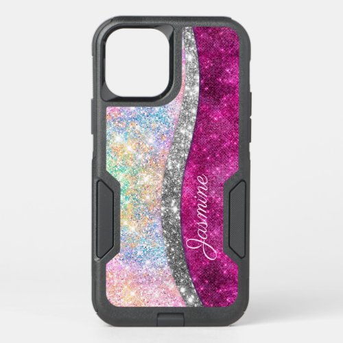 Cute iridescent pink silver faux glitter monogram OtterBox commuter iPhone 12 pro case