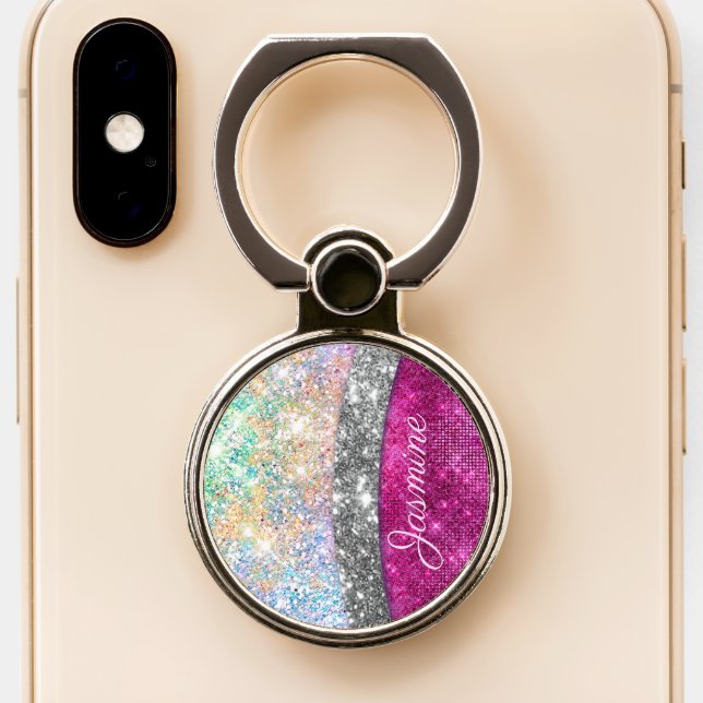 Cute iridescent pink silver faux glitter monogram phone ring stand (Close Up)