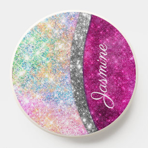 Cute iridescent pink silver faux glitter monogram PopSocket