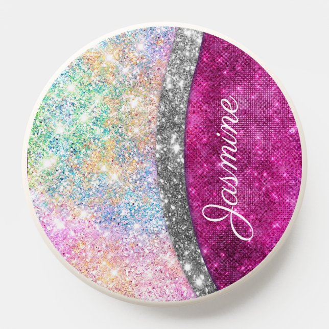 Cute iridescent pink silver faux glitter monogram PopSocket (Popsocket)