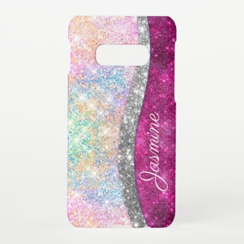 Cute iridescent pink silver faux glitter monogram  samsung galaxy S10E case