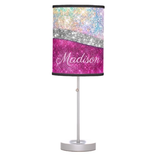 Cute iridescent pink silver faux glitter monogram table lamp