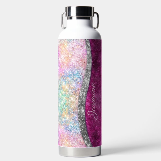 Cute iridescent pink silver faux glitter monogram water bottle (Front)