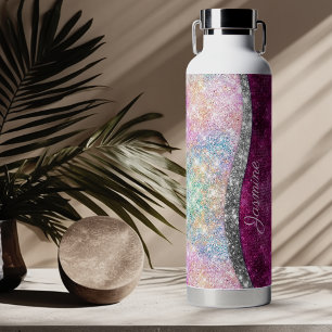 Cute iridescent pink silver faux glitter monogram water bottle