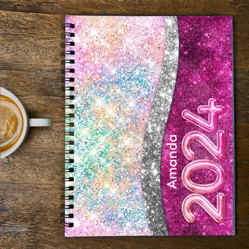 Cute iridescent pink silver glitter monogram 2024 planner