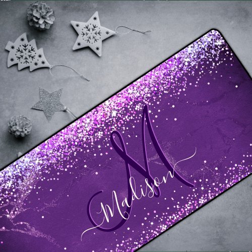 Cute iridescent purple gold faux glitter monogram desk mat