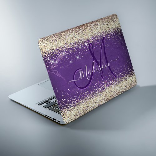 Cute iridescent purple gold faux glitter monogram HP laptop skin