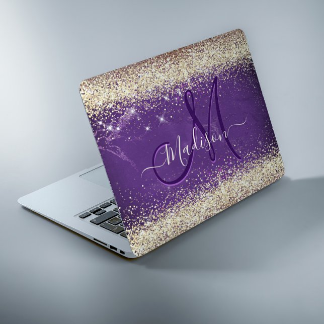 Cute iridescent purple gold faux glitter monogram HP laptop skin (Creator Uploaded)