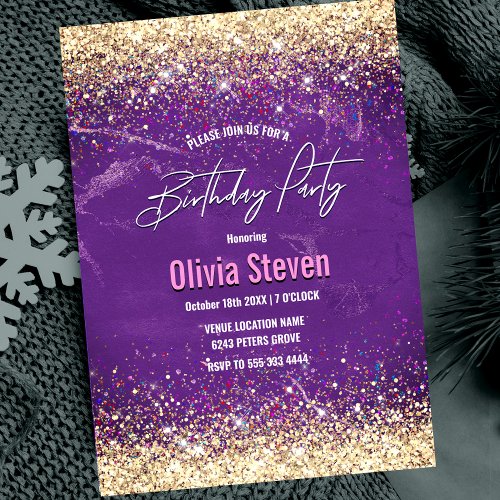 Cute iridescent purple gold faux glitter monogram invitation