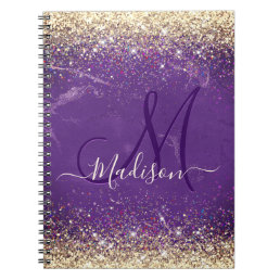 Cute iridescent purple gold faux glitter monogram notebook