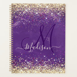 Cute iridescent purple gold faux glitter monogram planner