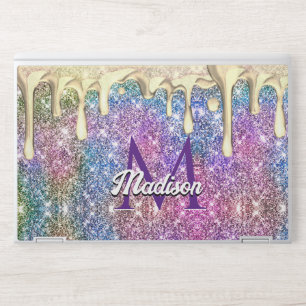 Cute iridescent purple gold glitter drips monogram HP laptop skin