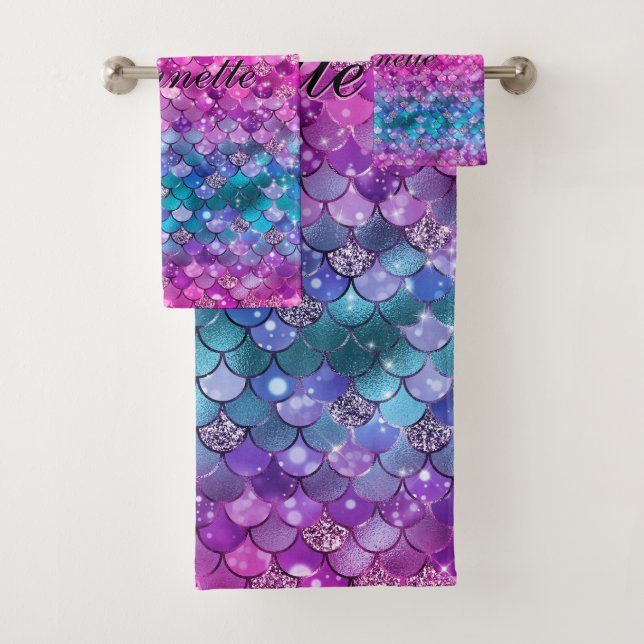Cute Iridescent Purple Mermaid Faux Glitter Bath Towel Set (Insitu)