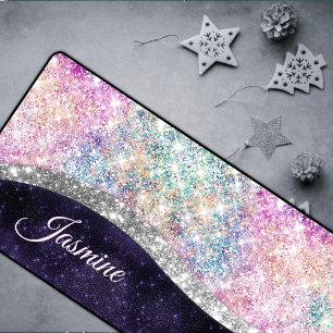 Cute iridescent purple silver glitter monogram desk mat