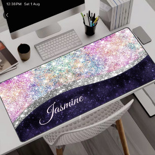 Cute iridescent purple silver glitter monogram desk mat