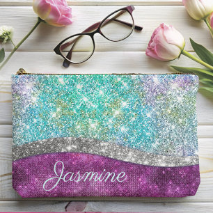 Cute iridescent purple teal faux glitter monogram accessory pouch