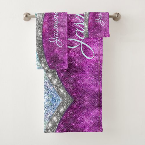 Cute iridescent purple teal faux glitter monogram bath towel set