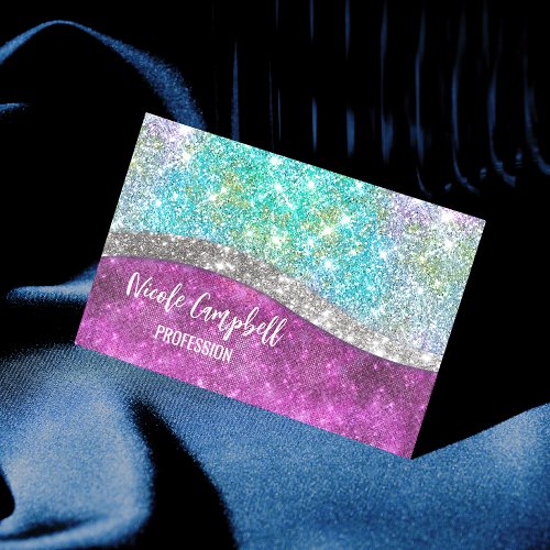 Cute iridescent purple teal faux glitter monogram business card