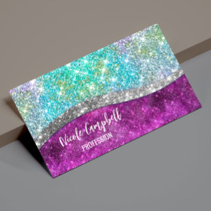 Cute iridescent purple teal faux glitter monogram business card magnet