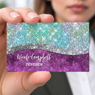 Cute iridescent purple teal faux glitter monogram business card magnet