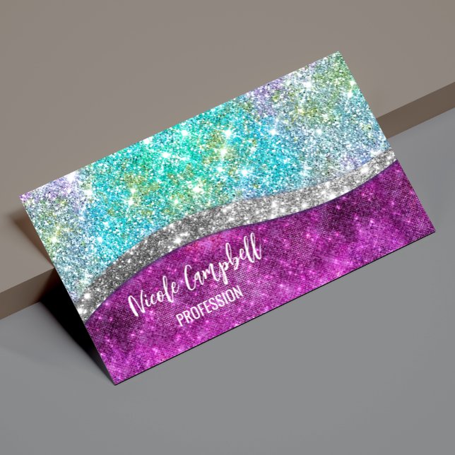 Cute iridescent purple teal faux glitter monogram business card magnet (Creator Uploaded)