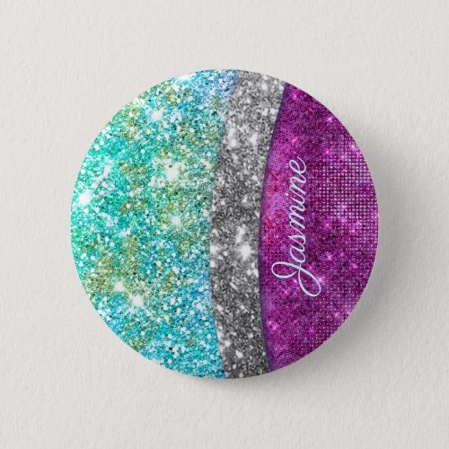 Cute iridescent purple teal faux glitter monogram button