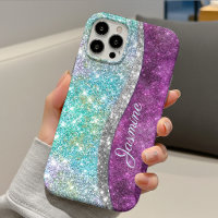 Cute iridescent purple teal faux glitter monogram