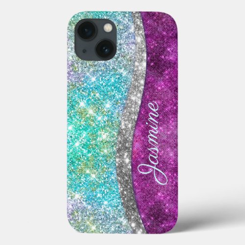 Cute iridescent purple teal faux glitter monogram iPhone 13 case