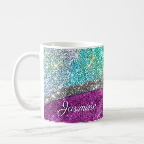 Cute iridescent purple teal faux glitter monogram coffee mug