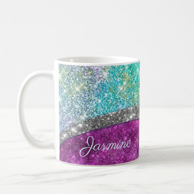 Cute iridescent purple teal faux glitter monogram coffee mug (Left)