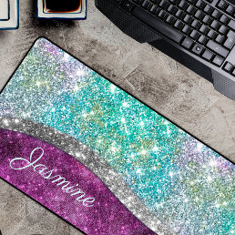 Cute iridescent purple teal faux glitter monogram desk mat