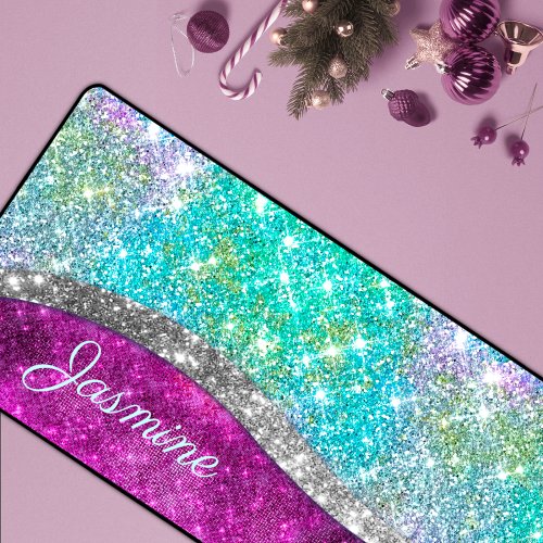 Cute iridescent purple teal faux glitter monogram desk mat