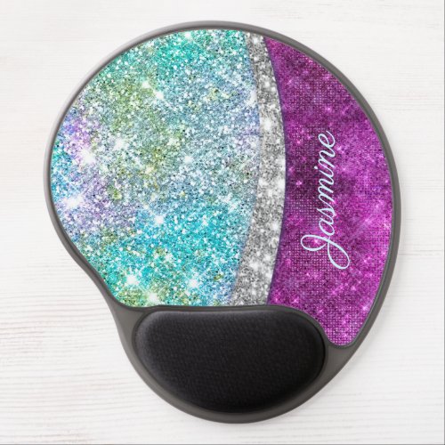 Cute iridescent purple teal faux glitter monogram gel mouse pad