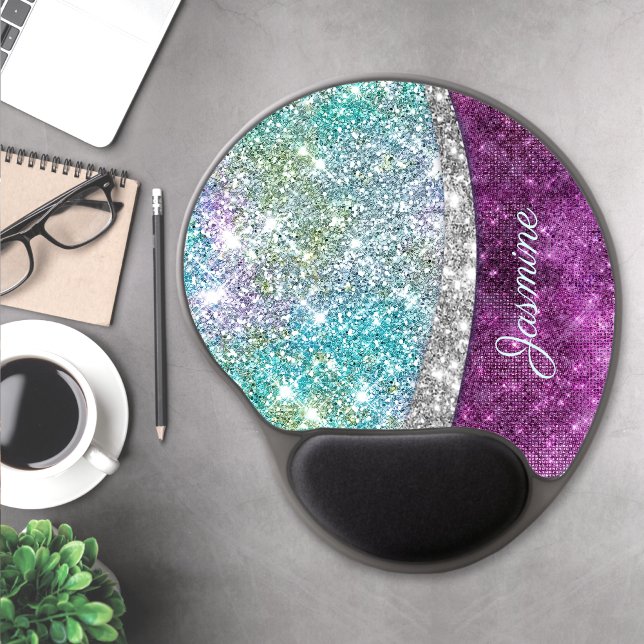 Cute iridescent purple teal faux glitter monogram gel mouse pad (Creator Uploaded)