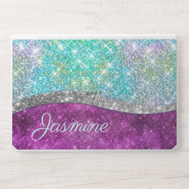 Cute iridescent purple teal faux glitter monogram HP laptop skin (Front)
