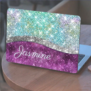 Cute iridescent purple teal faux glitter monogram HP laptop skin