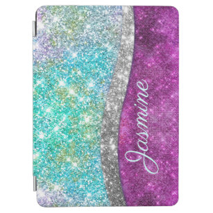 Cute iridescent purple teal faux glitter monogram iPad air cover