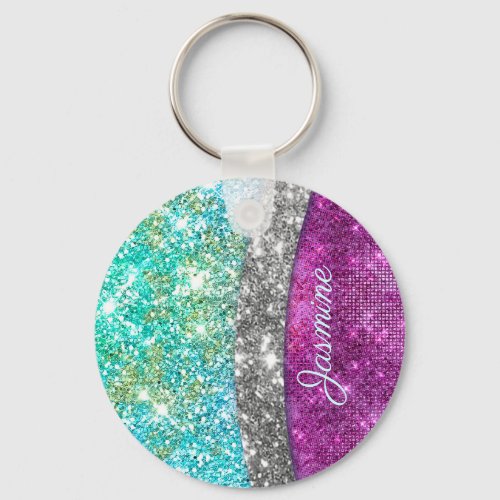 Cute iridescent purple teal faux glitter monogram keychain