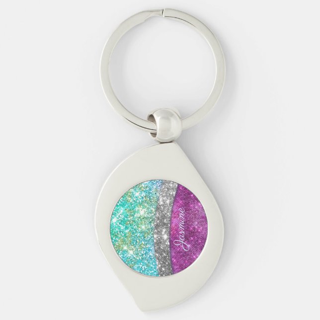 Cute iridescent purple teal faux glitter monogram  keychain (Front)