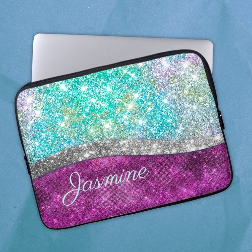 Cute iridescent purple teal faux glitter monogram laptop sleeve