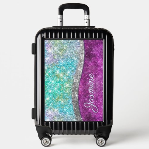 Cute iridescent purple teal faux glitter monogram luggage