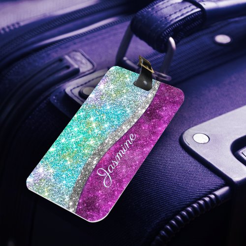 Cute iridescent purple teal faux glitter monogram luggage tag
