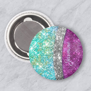 Cute iridescent purple teal faux glitter monogram magnet