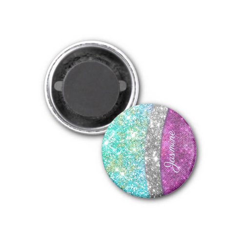 Cute iridescent purple teal faux glitter monogram magnet