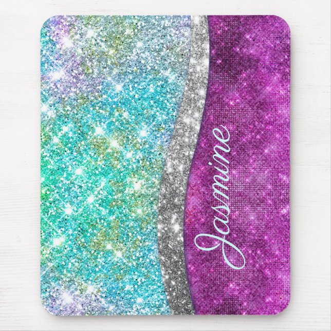 Cute iridescent purple teal faux glitter monogram mouse pad (Front)