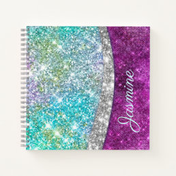 Cute iridescent purple teal faux glitter monogram  notebook